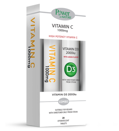 Power Health Βιταμίνη C 1000mg + Βιταμίνη D3 1000iu με Stevia 24 eff.tabs + Δώρο Βιταμίνη C 500mg 20eff.tabs