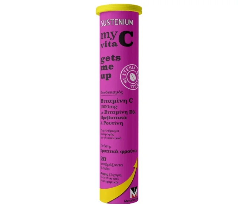 Sustenium My Vita C Βιταμίνη C 1000mg με Βιταμίνη D3, Πρεβιοτικά, Ρουτίνη & Γεύση Τροπικά Φρούτα, 20eff. tabs