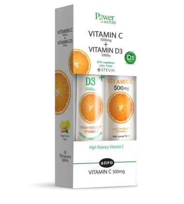 Power Health Βιταμίνη C 1000mg + Βιταμίνη D3 1000iu με Stevia 24 eff.tabs + Δώρο Βιταμίνη C 500mg 20eff.tabs