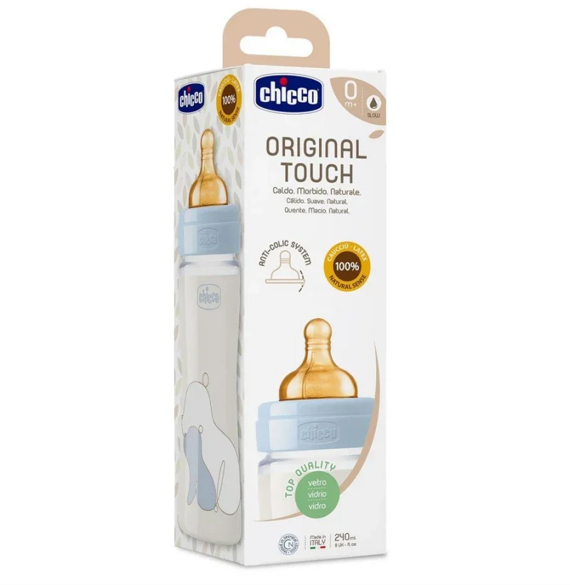 Chicco Original Touch Γυάλινο Μπιμπερό με Θηλή Καουτσούκ 0m+, 240ml