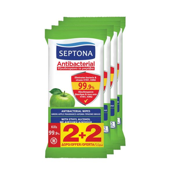 Septona Promo (2+2 Δώρο) Antibacterial Hand Wipes Aντιβακτηριακά Mαντηλάκια Xεριών,4 x15τεμ